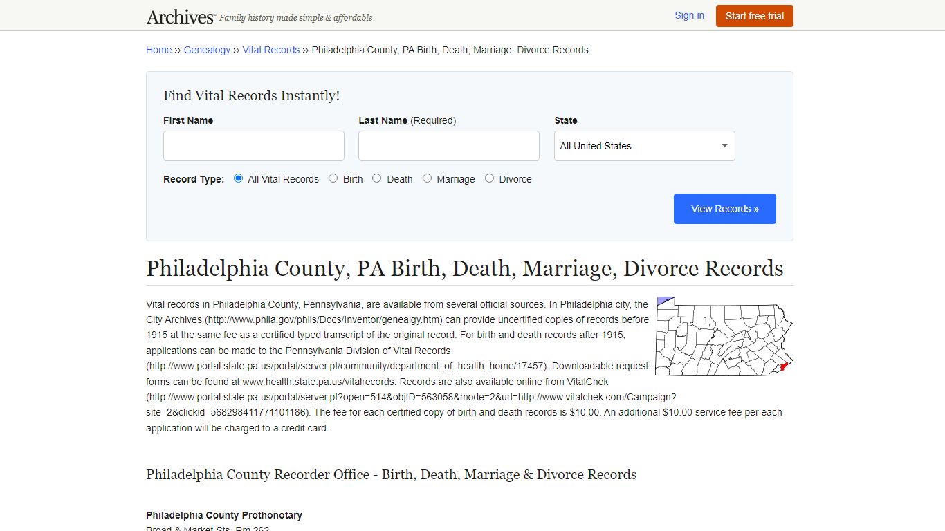 Philadelphia County, PA Birth, Death, Marriage, Divorce ...